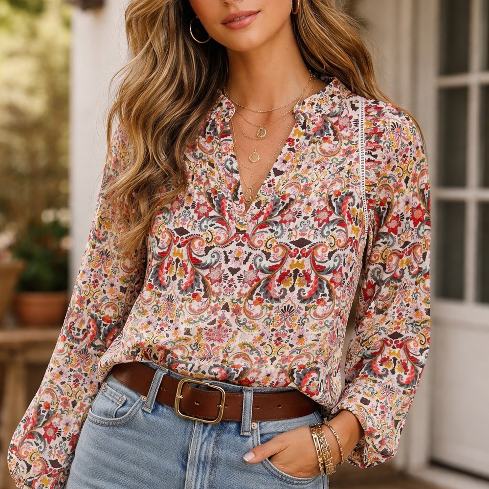 LOFT Floral Paisley Peasant Blouse XS Boho Long Sleeve EUC Lightweight